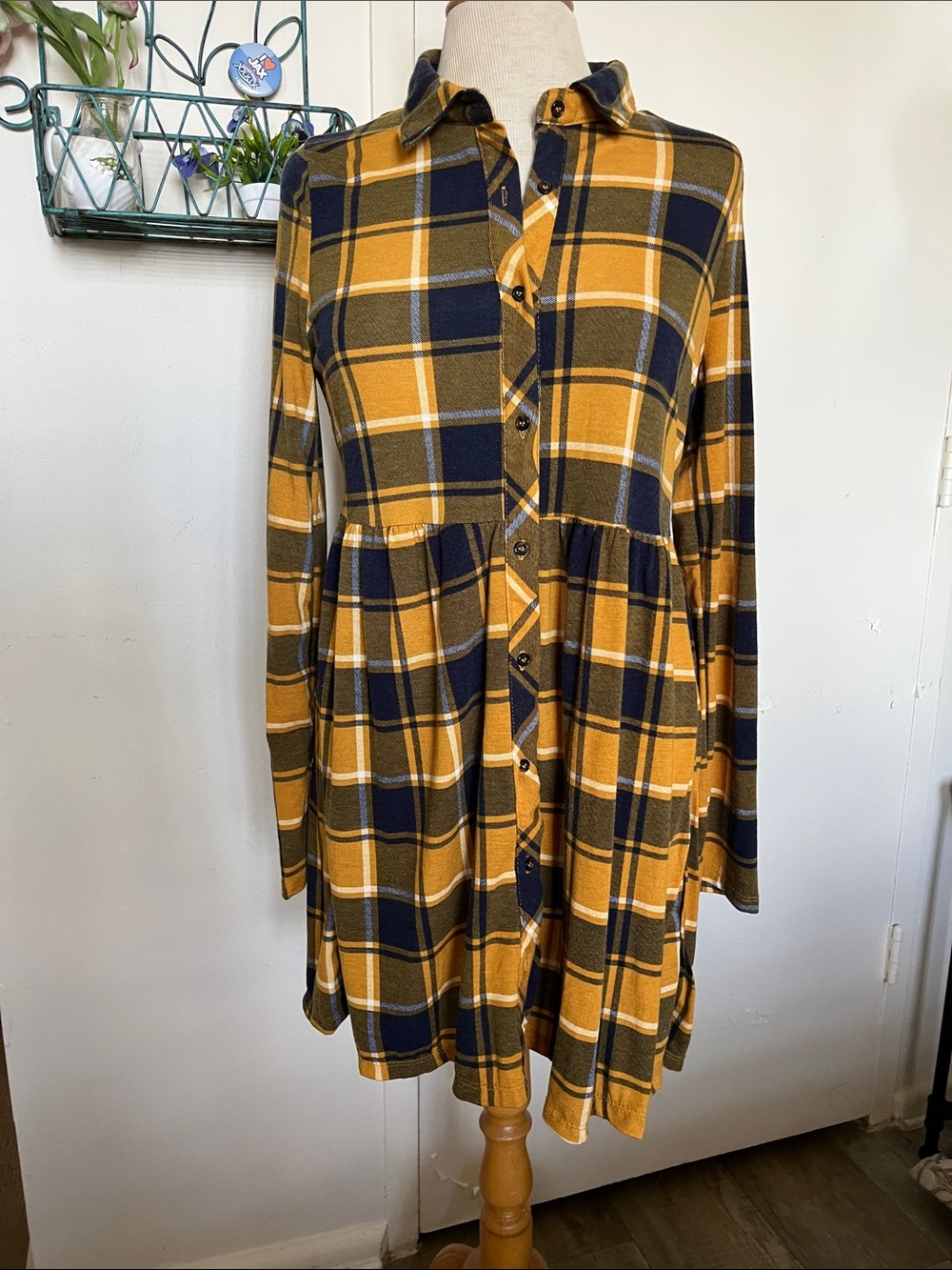 NWT Plaid Shirt Dress in Mustard & Navy by No Comment Size L